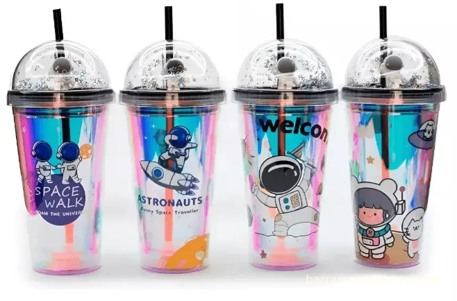 Copo Acrílico Tampa Canudo Parede Dupla Estampas Sortidas 3D Infantil 450m