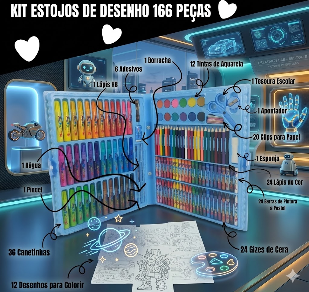 Maleta Estojo Grande Completo Pintura Desenhos Aquarela Infantil Masculino